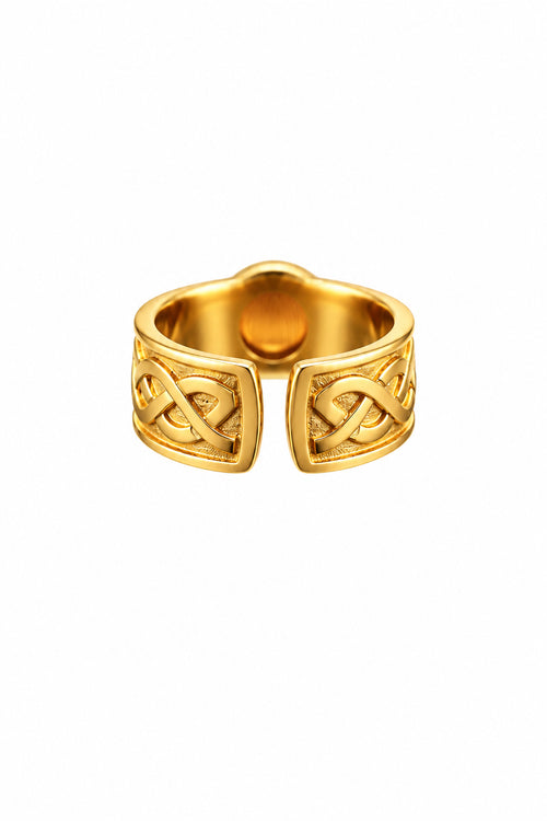 Earth and Gold Stainless Steel Ring with Celtic Engraving and Agate Stone