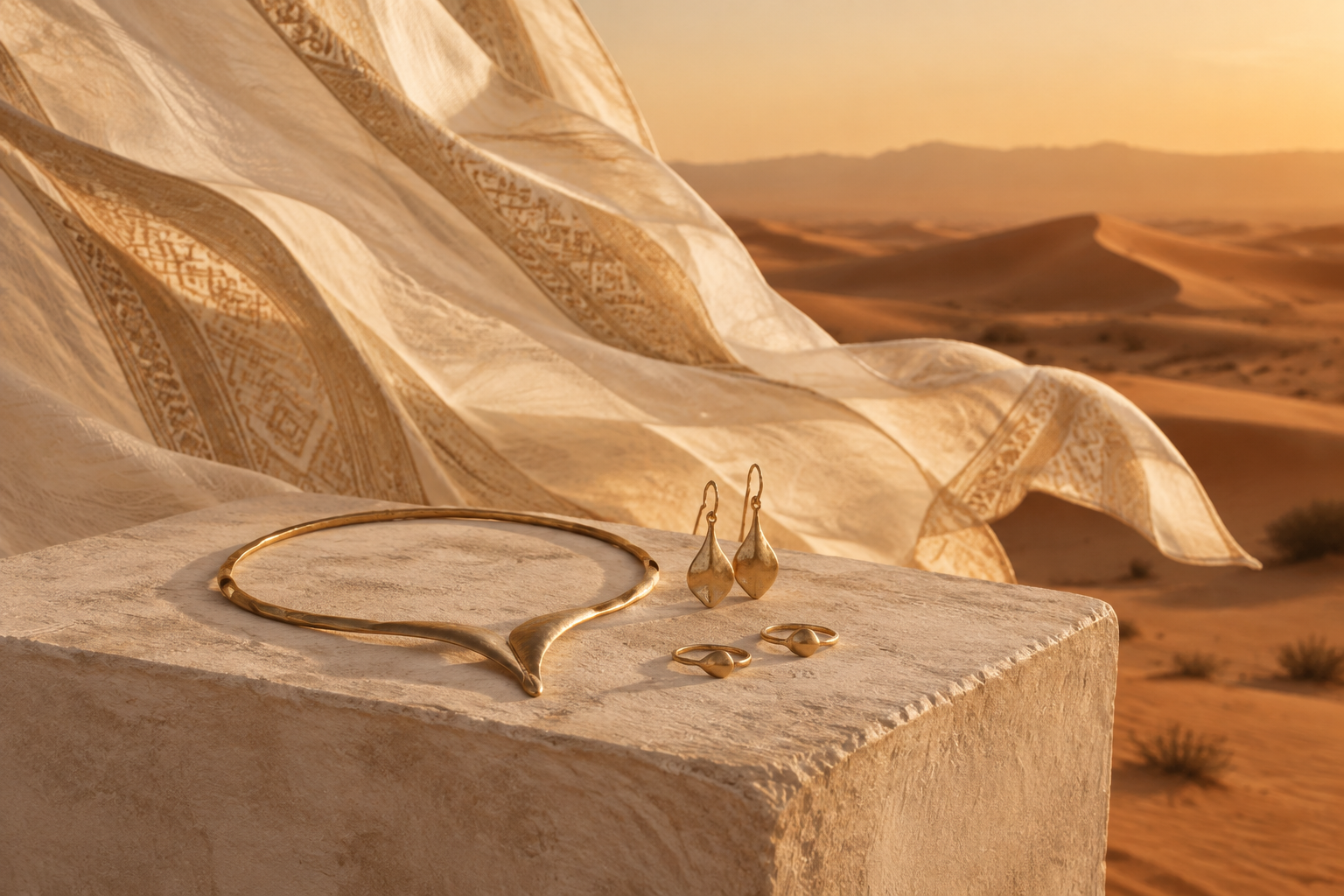 Joyas y tela al viento en el desierto de Marruecos